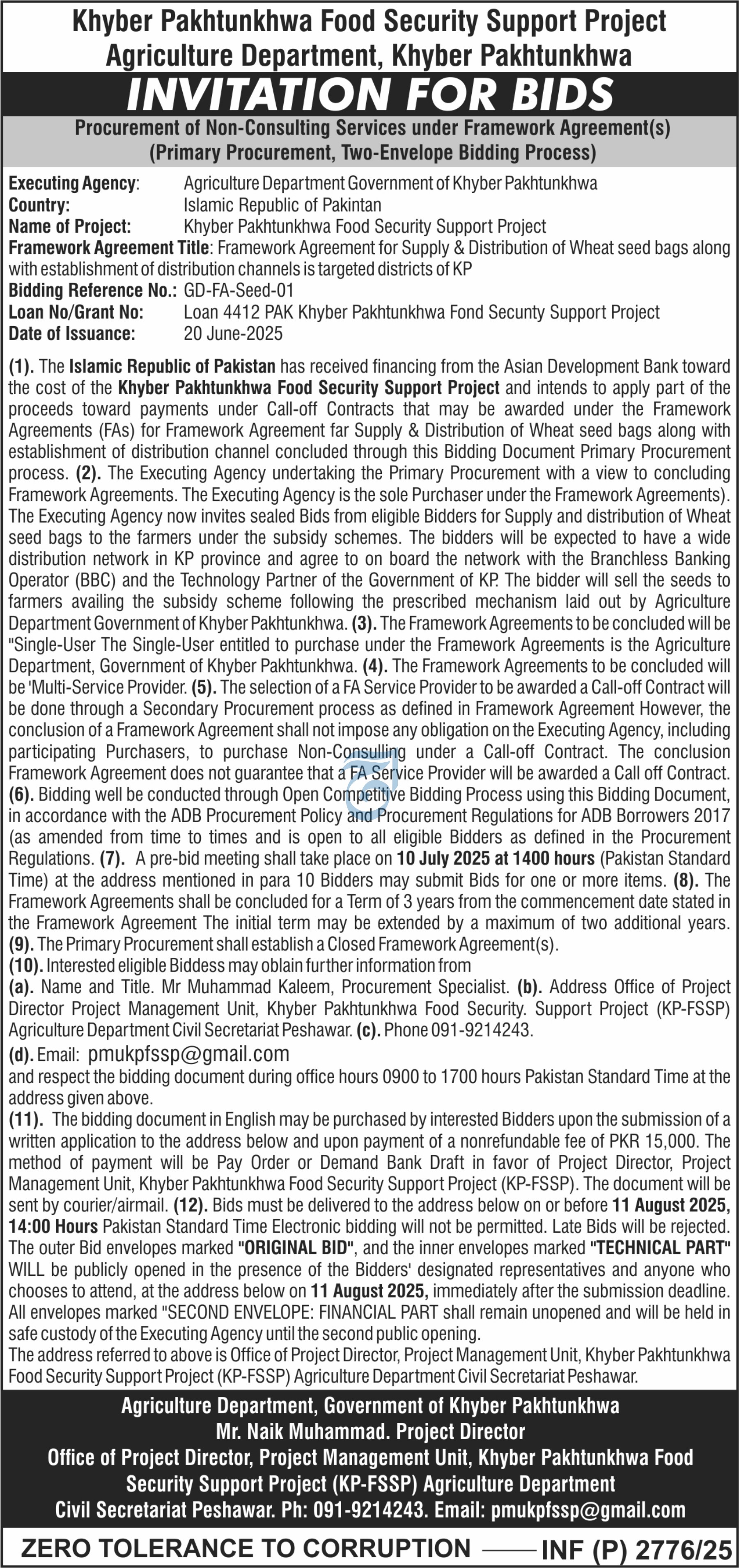 Agriculture Department KPK Tender Notice
